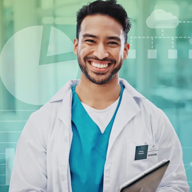 A friendly male doctor smiles while holding a tablet, symbolizing the integration of technology in medical practice.