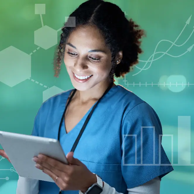A nurse engages with a tablet, reviewing graphs and charts to enhance patient care and decision-making.